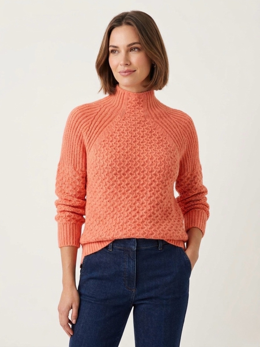 Anthropologie - Coral Cable-Knit Mock Turtleneck Sweater